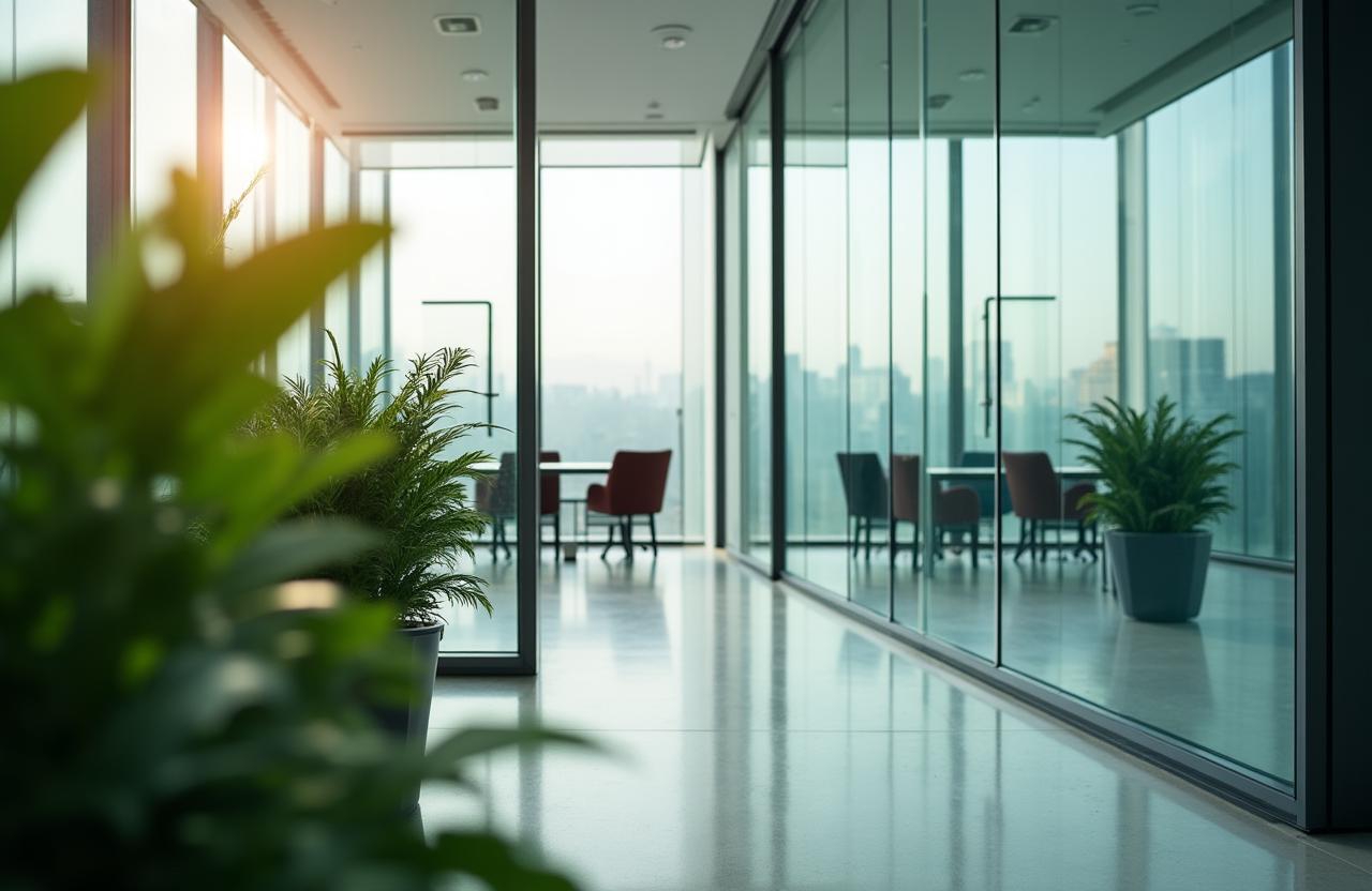 A modern, collaborative workspace with soft lighting